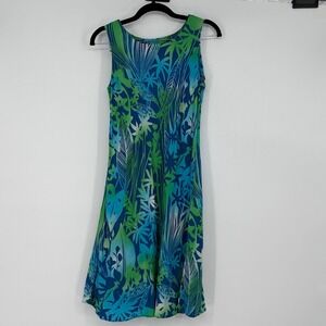 Hilo Hattie Hawaiian Dress Small Blue Green Tropical Floral Rayon S Made in USA